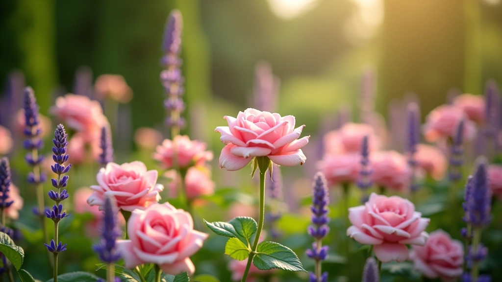Roosa rooside ja violetse lavendli kombinatsioon aiapeenral, heleda päikese all